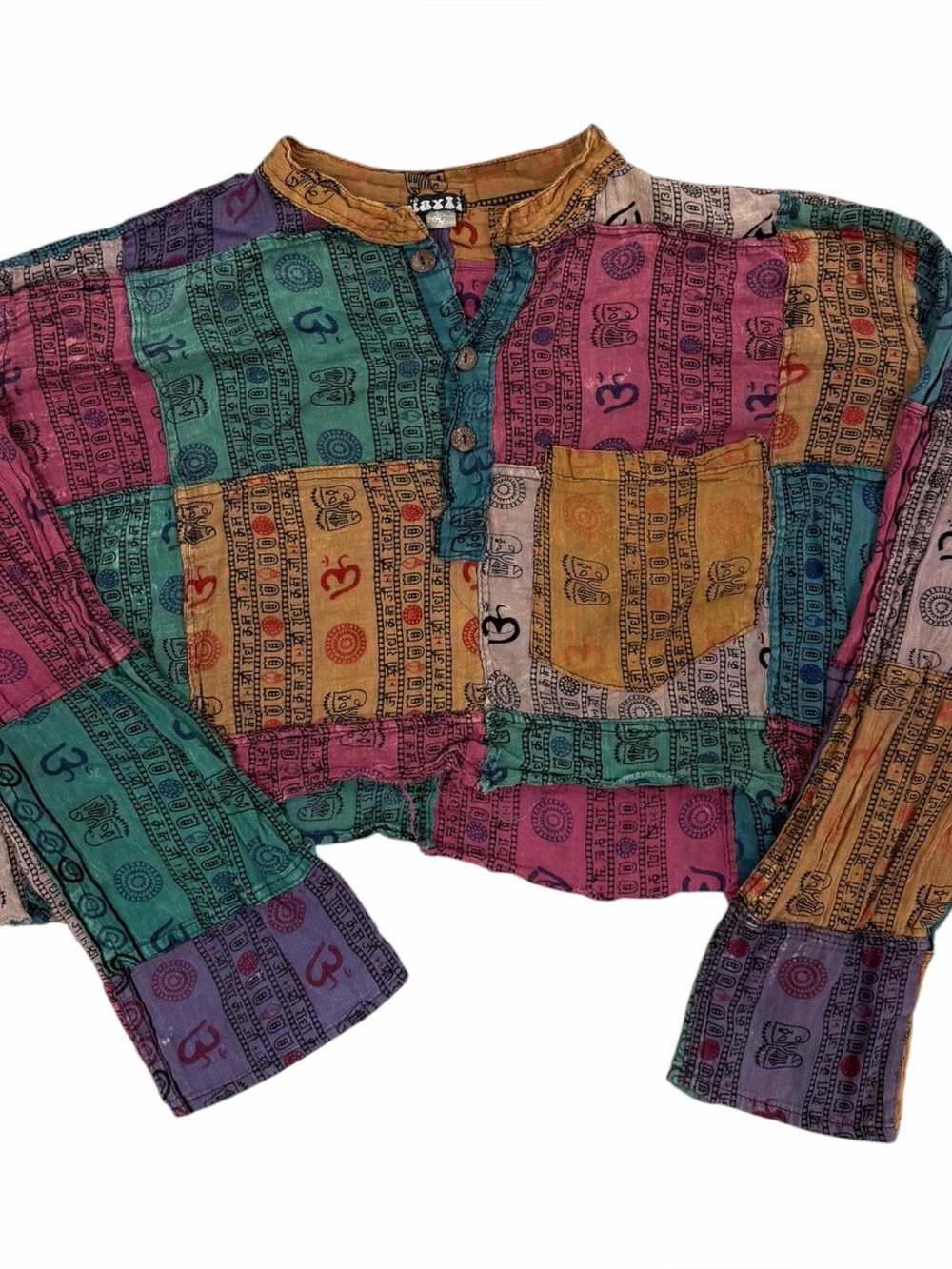 Vintage Multicolor Patchwork Crop Top with Pocket
